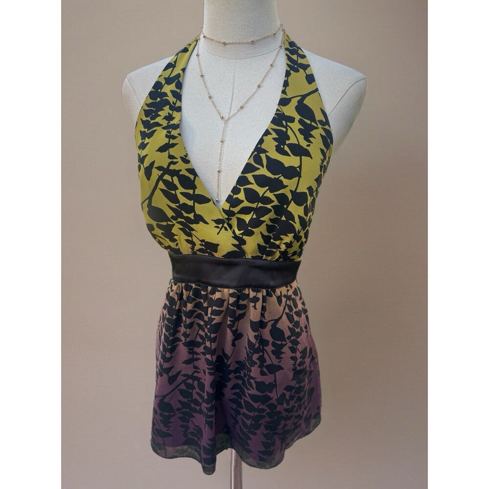 Express Y2K Silk Halter Top Lime Green Purple Ombré Tropical Leaf Blouse Sz 10